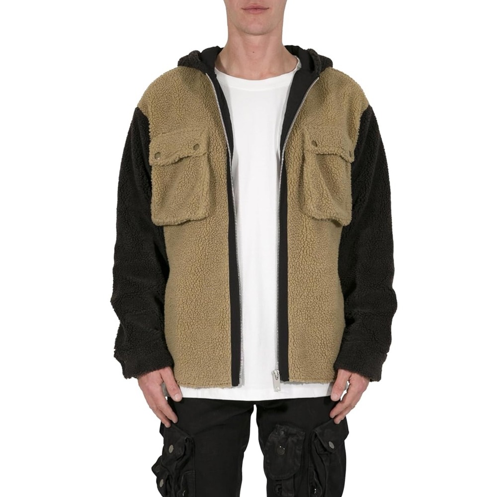 MNML Two Tone‎ Sherpa Full Zip Up Hooded Jacket Sweatshirt Brown & Black